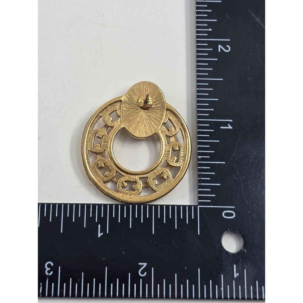 Vintage Gold Tone Door Knocker Earrings Gray Faux Stone Cabochon Greek Key Studs - Picture 6 of 6